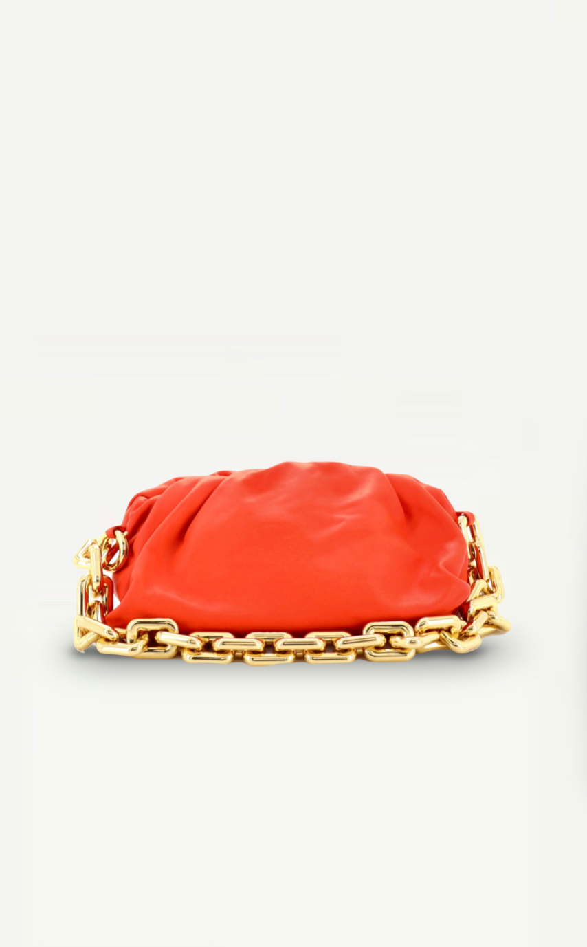 Bottega Veneta Chain Pouch in orange with gold chain, front view