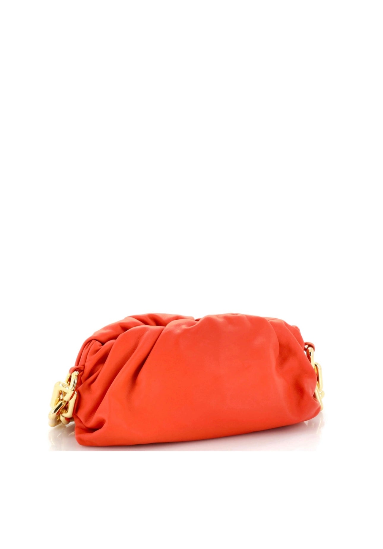 Close-up of the orange leather and oversized gold chain on Bottega Veneta Pouch