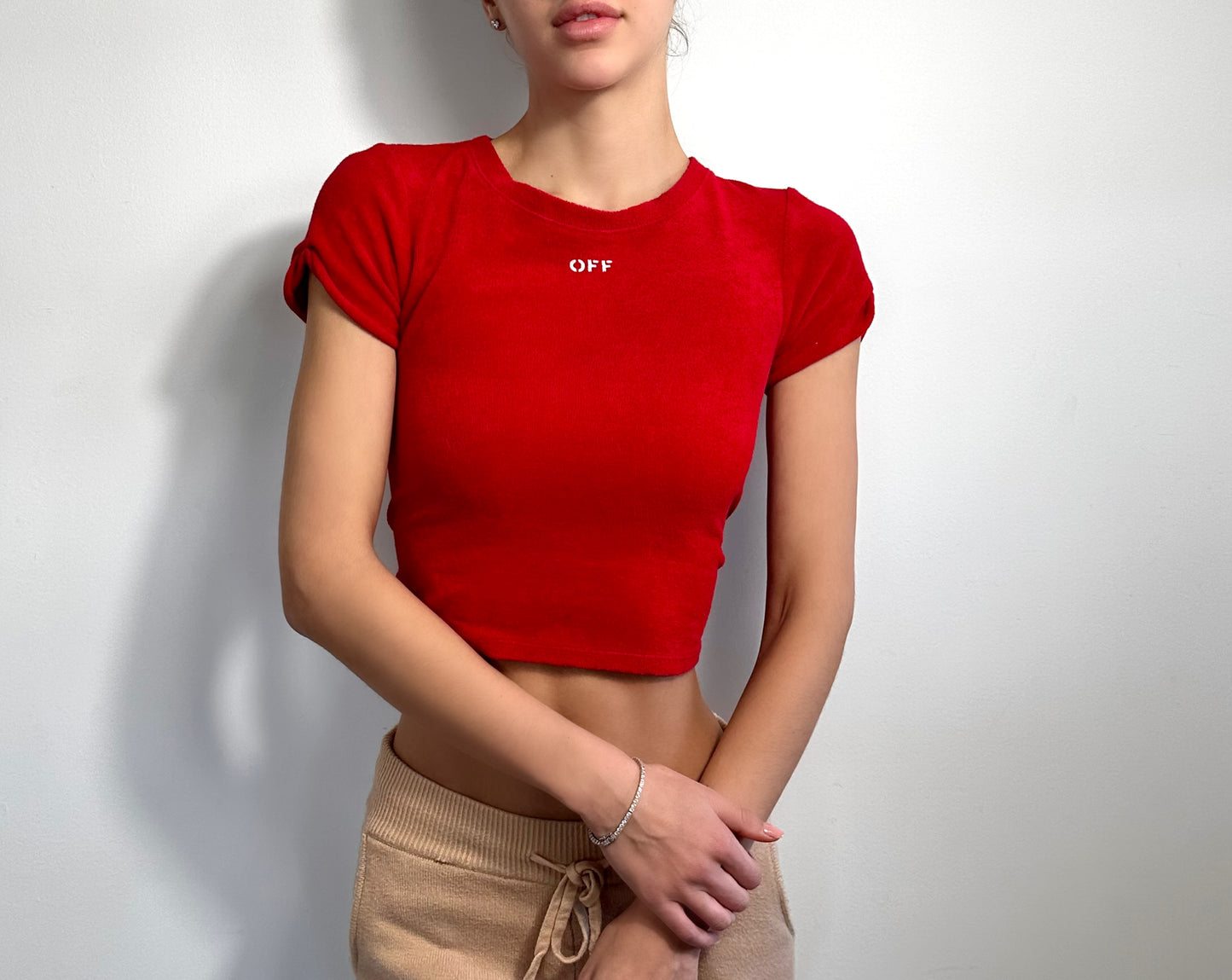 Off-White Red Towel Cropped T-Shirt With Logo And Open Back Size Small