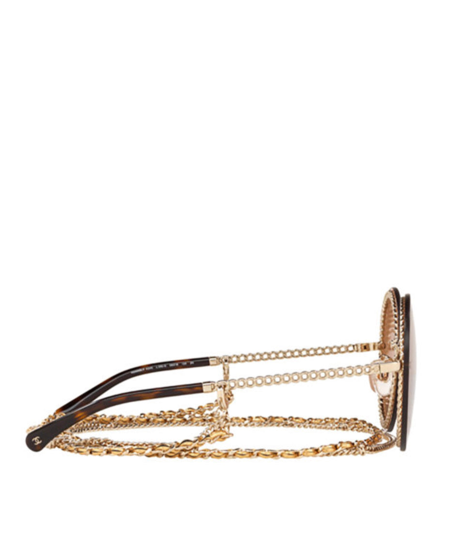 Chanel Round Metal Sunglasses With Gold Chain