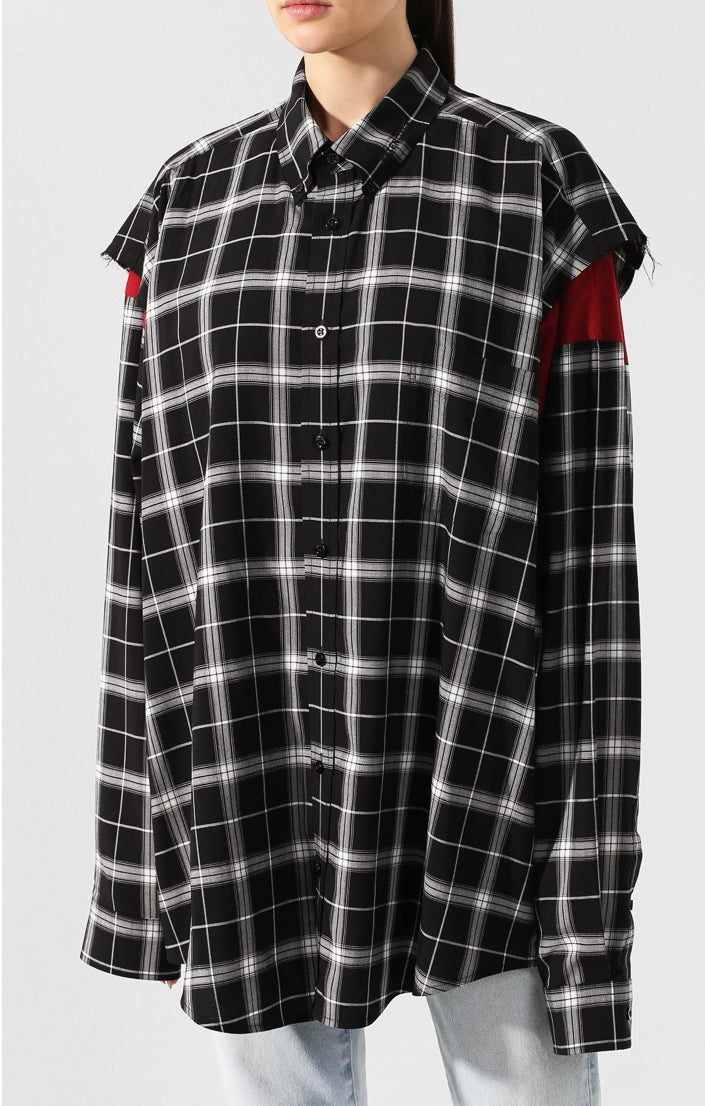 Balenciaga Ripped Long Sleeve Checked Button-up Shirt Size FR 36