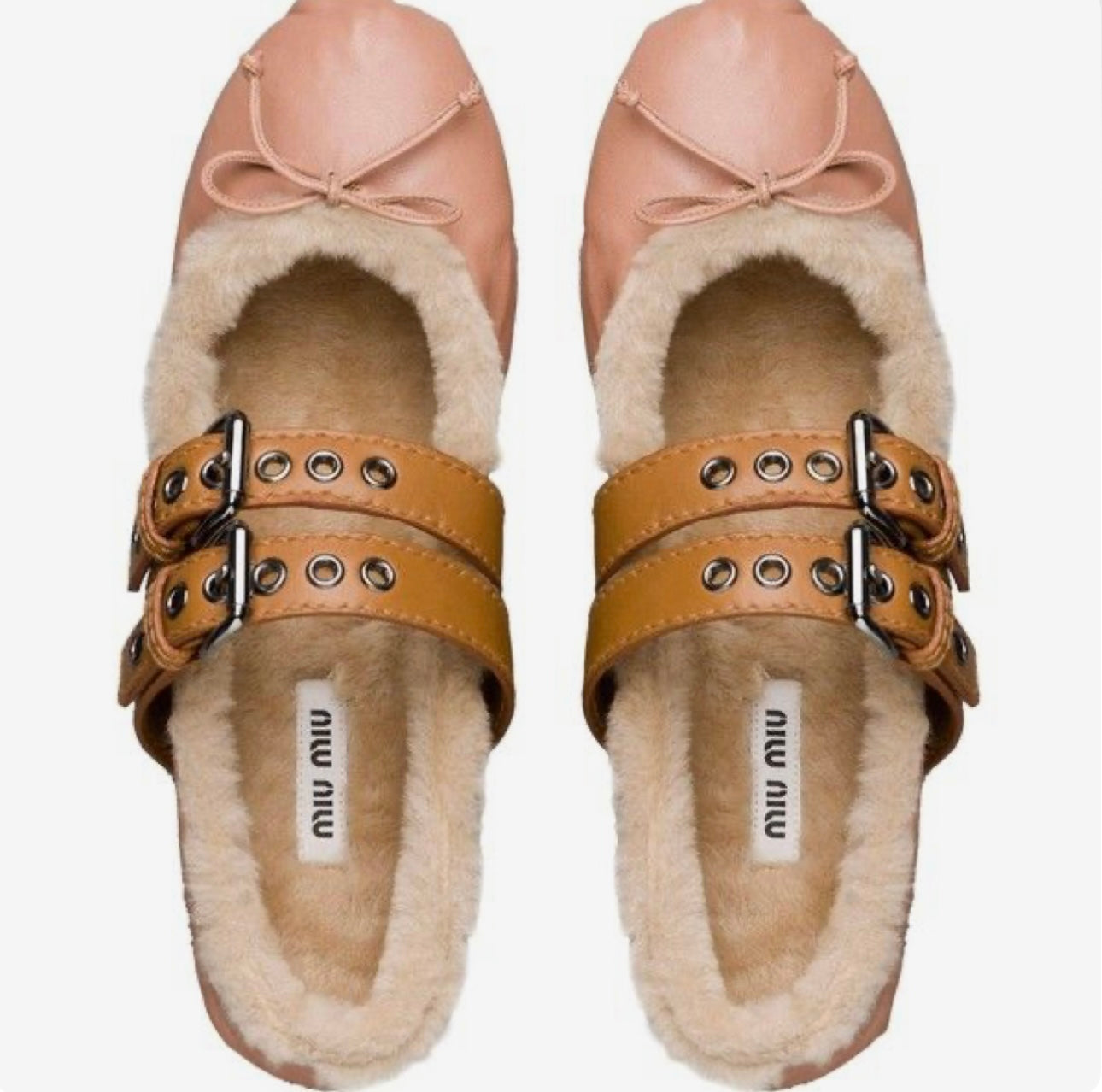 Miu Miu 2017 Powder Pink Shearling Fur Leather Belted Ballet Flats Size Europe 38