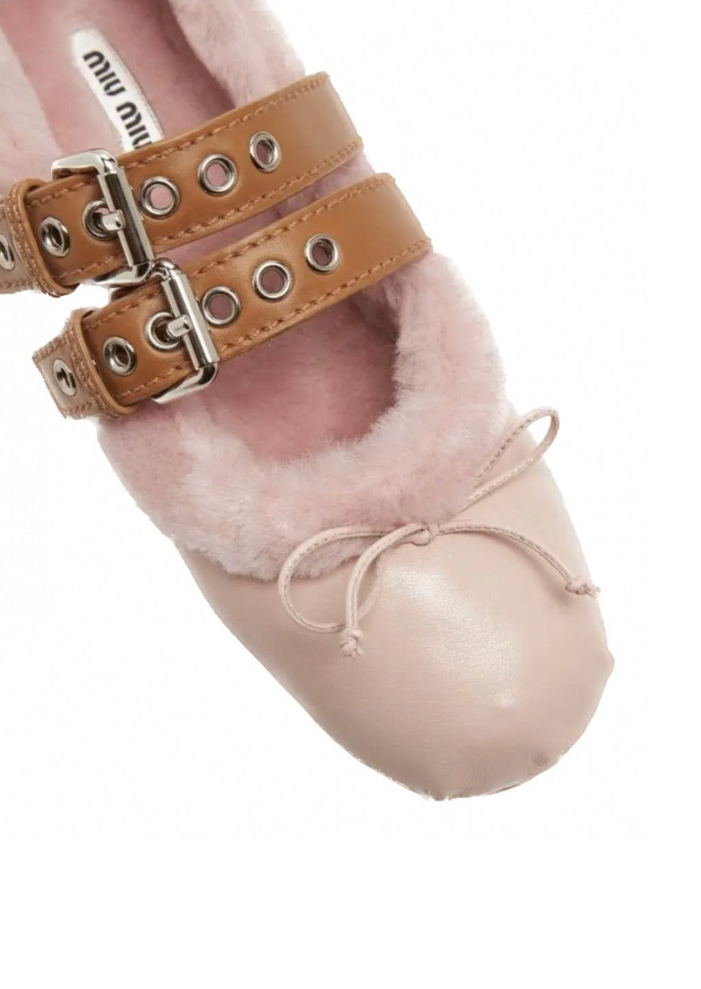 Miu Miu 2017 Powder Pink Shearling Fur Leather Belted Ballet Flats Size Europe 38