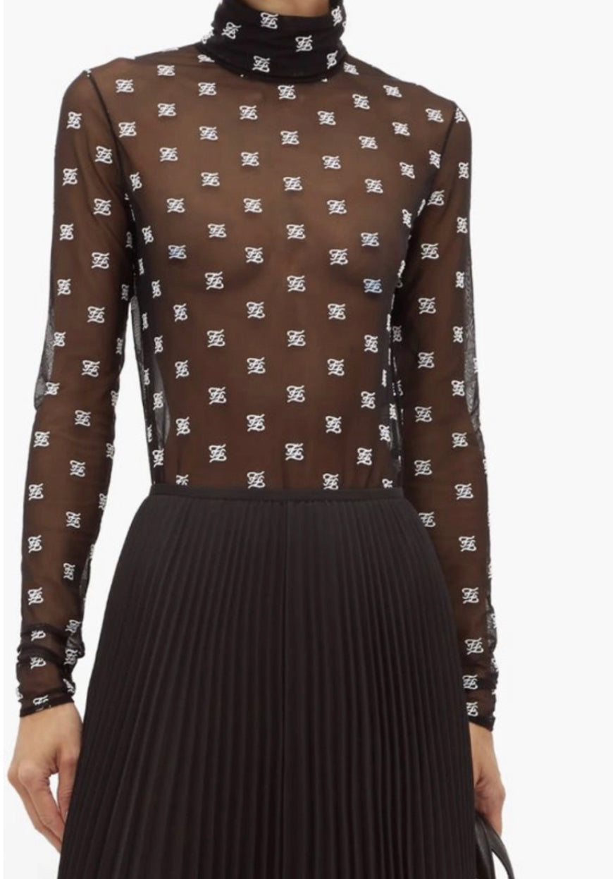 Fendi Black Sheer Mesh Bodysuit With FF Logo Size M