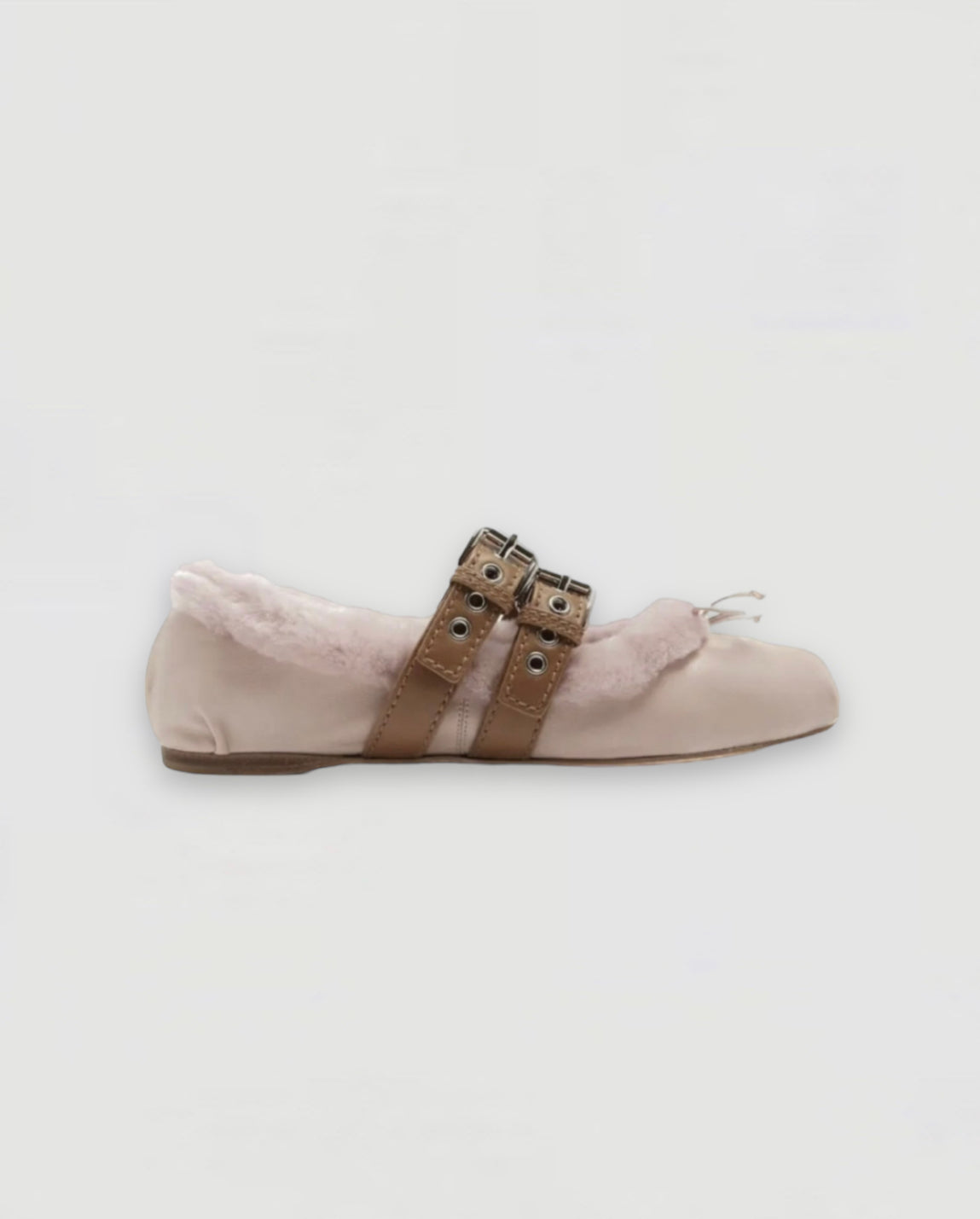 Miu Miu 2017 Powder Pink Shearling Fur Leather Belted Ballet Flats Size Europe 38