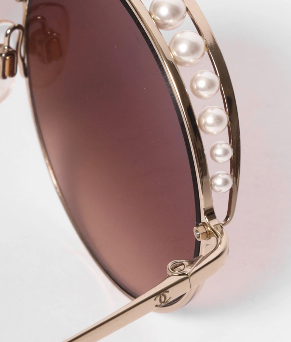 Chanel Round Metal Sunglasses With Pearls In Gold