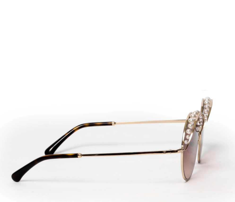 Chanel Round Metal Sunglasses With Pearls In Gold