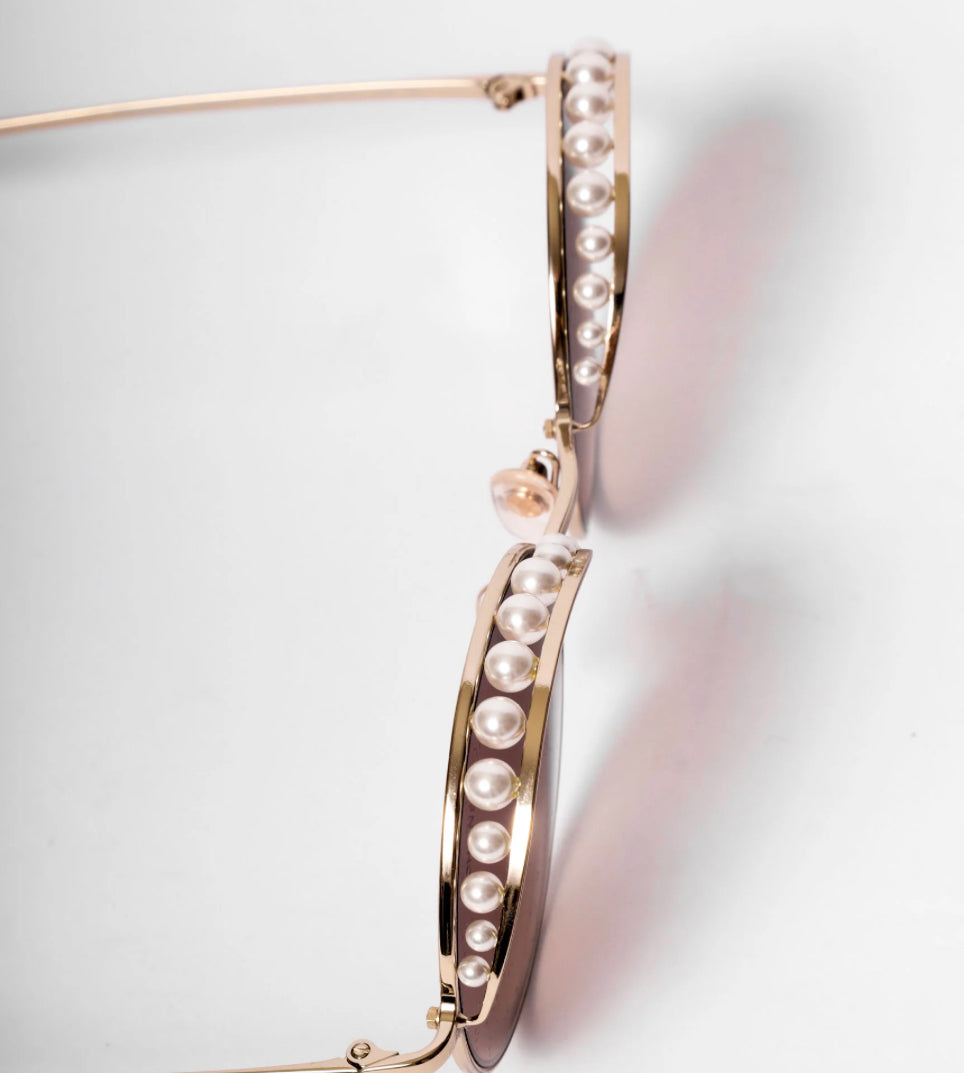 Chanel Round Metal Sunglasses With Pearls In Gold