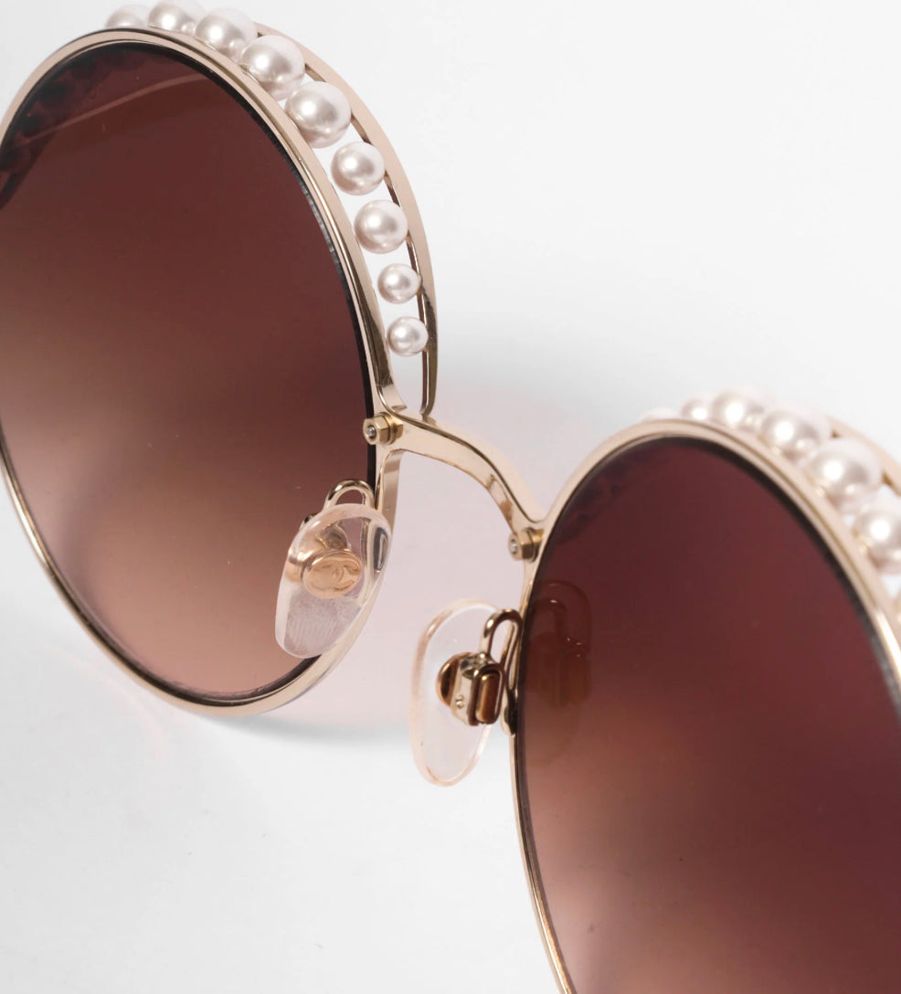 Chanel Round Metal Sunglasses With Pearls In Gold