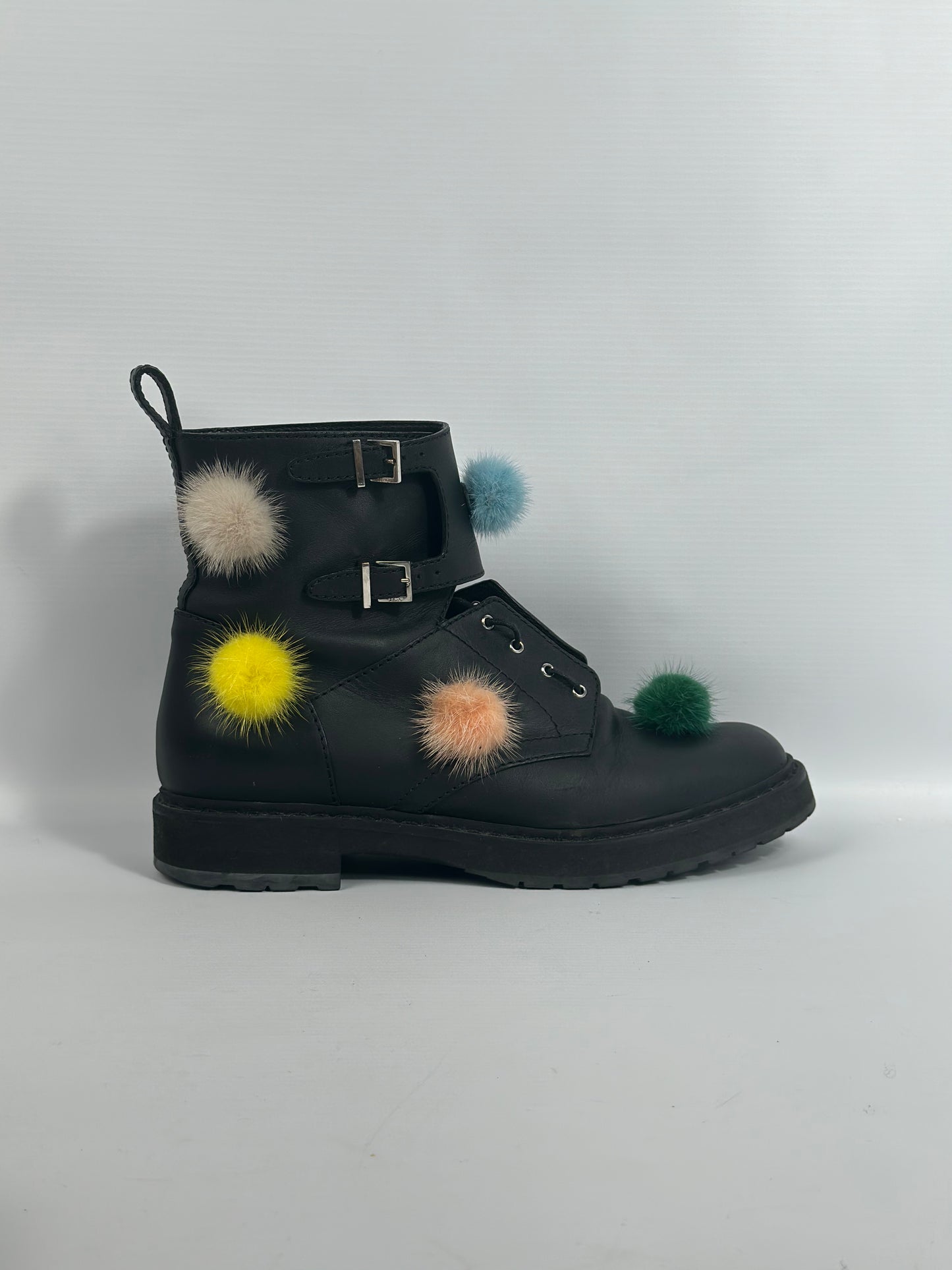 Fendi Black Mink Fur Ankle Boots With PomPom Size 38 Europe - Retail Price 990€