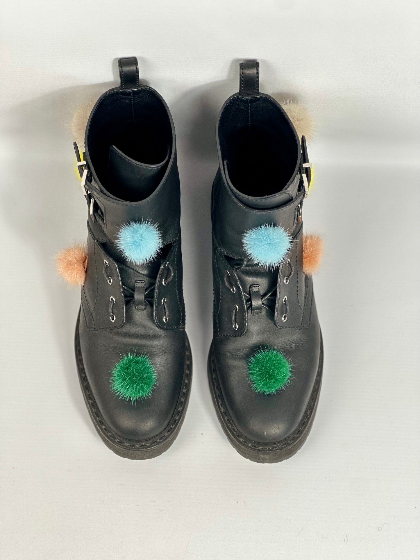 Fendi Black Mink Fur Ankle Boots With PomPom Size 38 Europe - Retail Price 990€