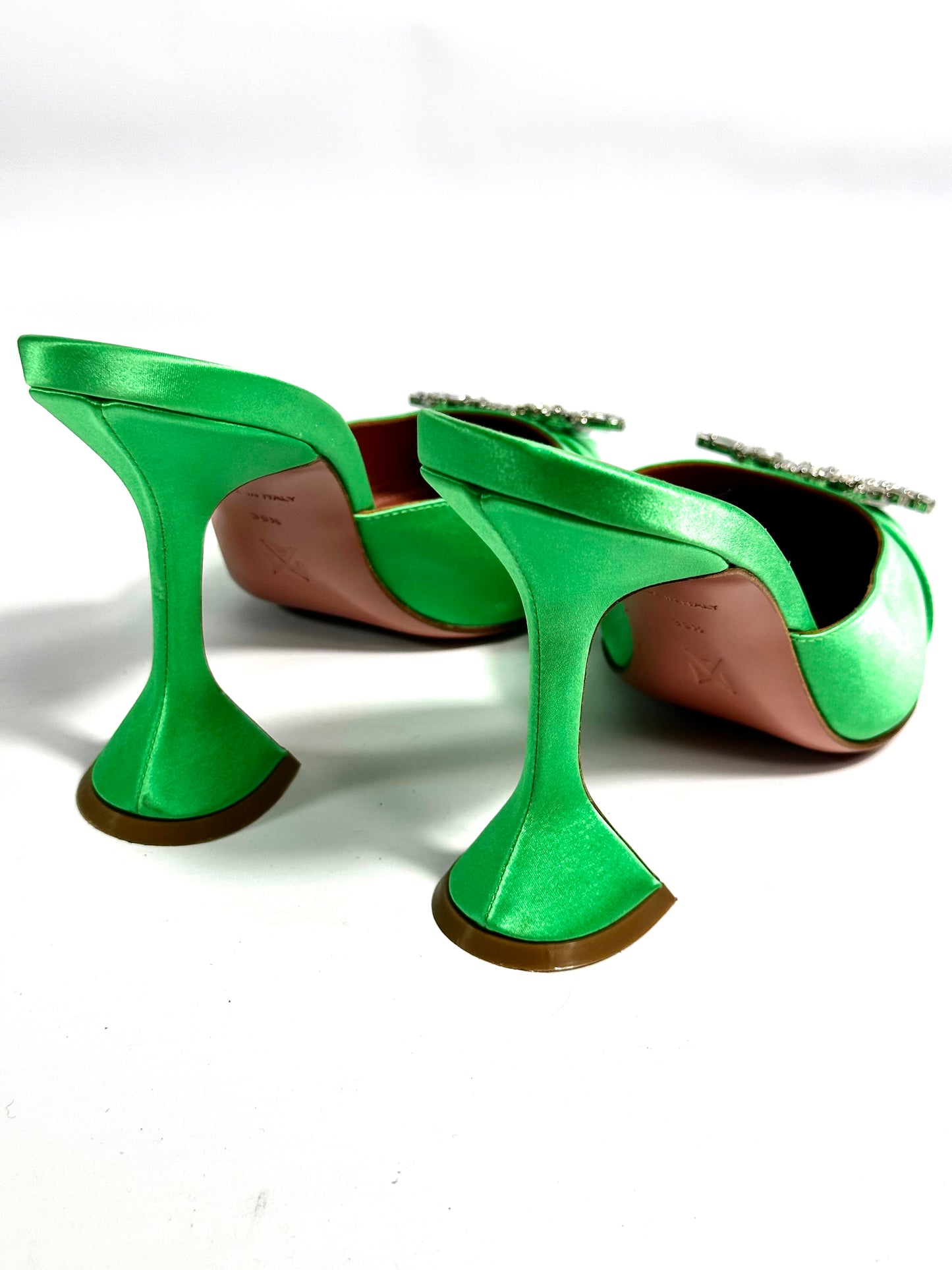 Amina Muaddi Green Satin Begum Mules Heels - Size Europe 39.5 - Retail Price 1,500€