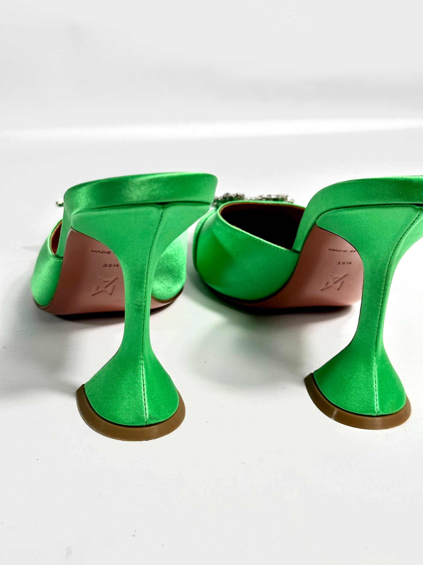 Amina Muaddi Green Satin Begum Mules Heels - Size Europe 39.5 - Retail Price 1,500€