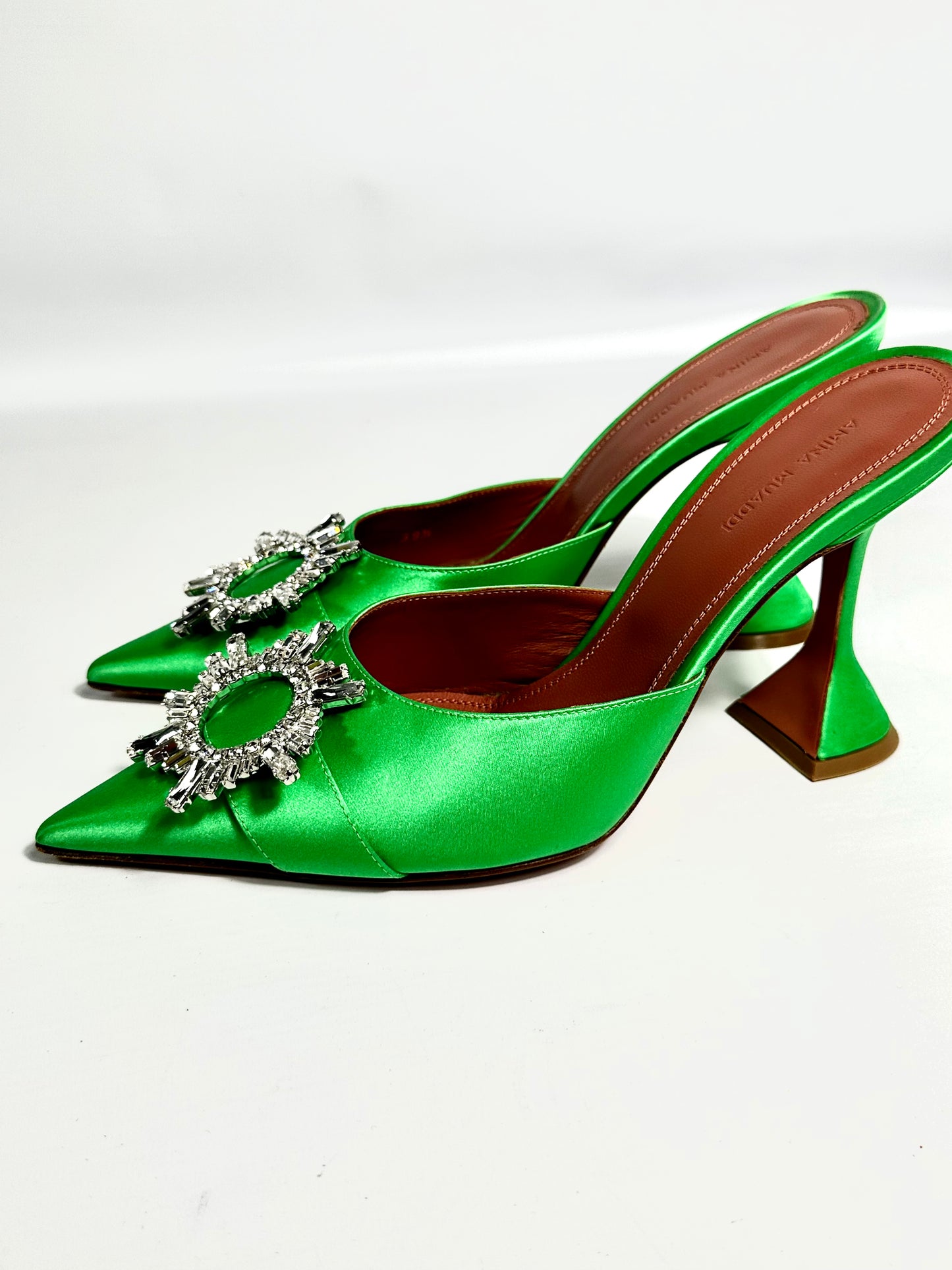Amina Muaddi Green Satin Begum Mules Heels - Size Europe 39.5 - Retail Price 1,500€
