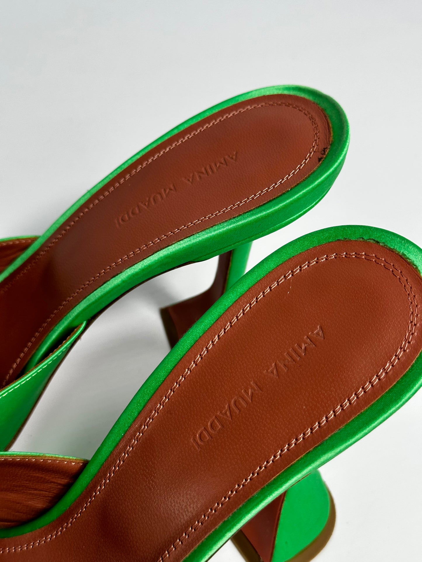 Amina Muaddi Green Satin Begum Mules Heels - Size Europe 39.5 - Retail Price 1,500€
