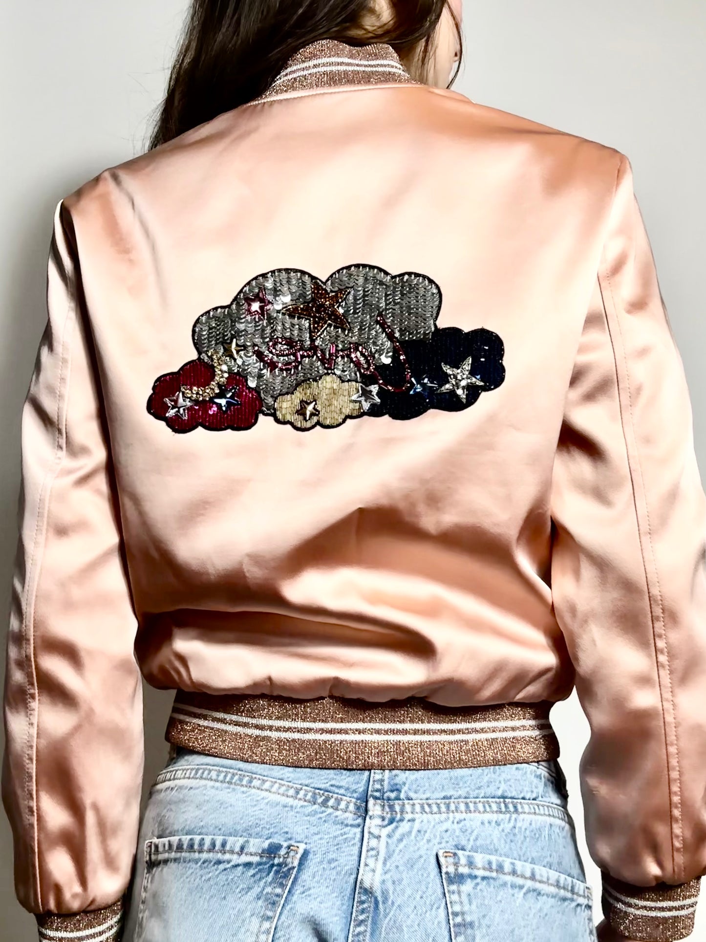Saint Laurent Hedi Slimane 2016 Sequin Blush Pink Bomber Jacket Size Small