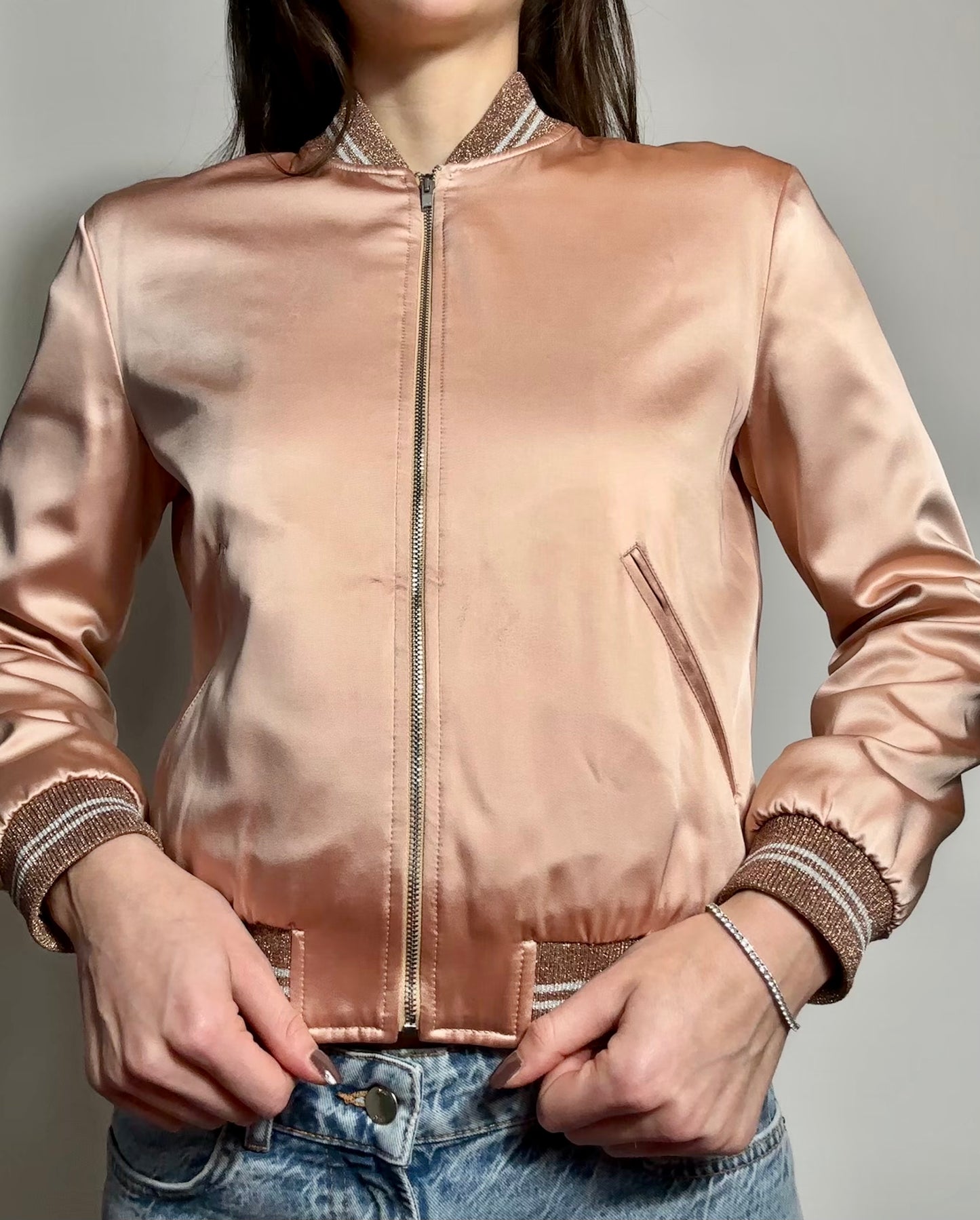 Saint Laurent Hedi Slimane 2016 Sequin Blush Pink Bomber Jacket Size Small