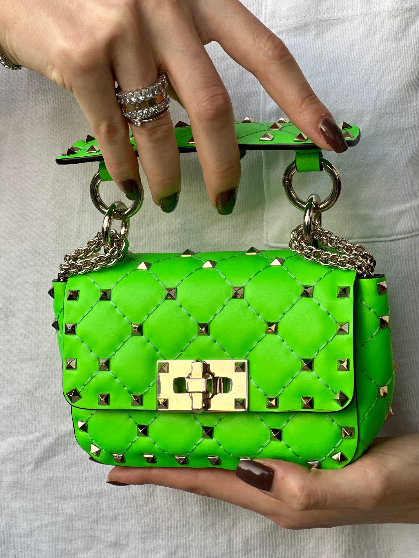 Valentino Garavani Calfskin Mini Rockstud Spike Handbag In Neon Green With Silver Hardware Retail Price - 2,700€