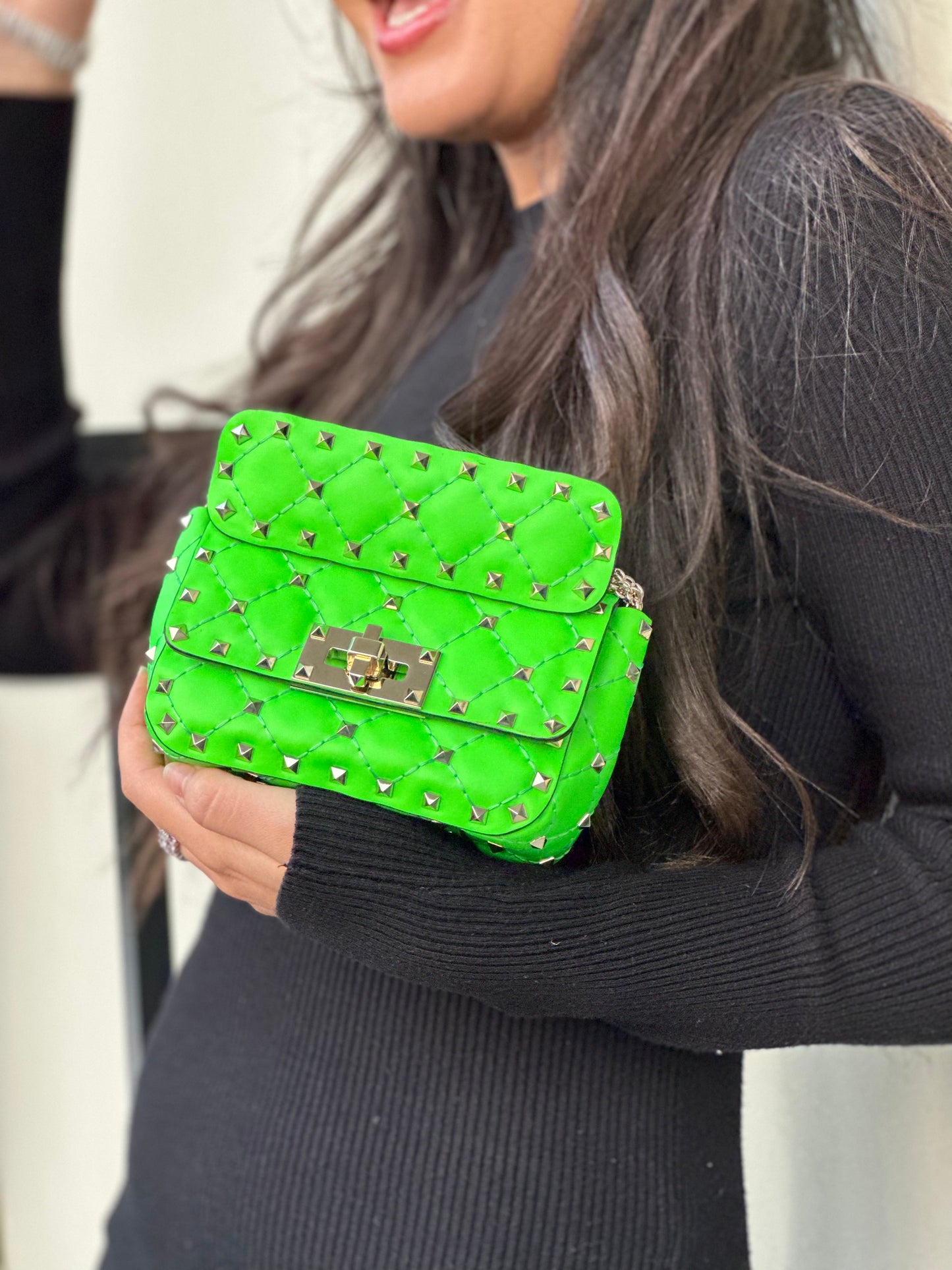 Valentino Garavani Calfskin Mini Rockstud Spike Handbag In Neon Green With Silver Hardware Retail Price - 2,700€