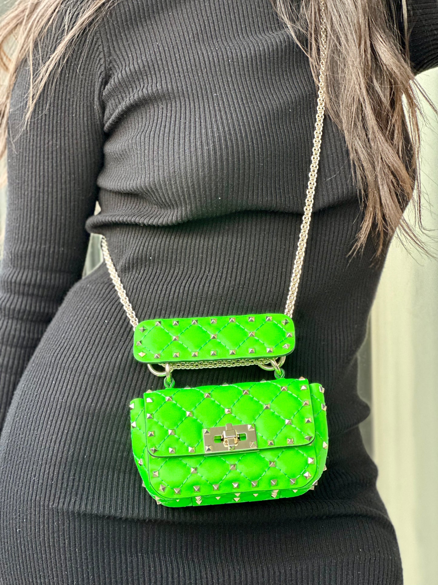 Valentino Garavani Calfskin Mini Rockstud Spike Handbag In Neon Green With Silver Hardware Retail Price - 2,700€