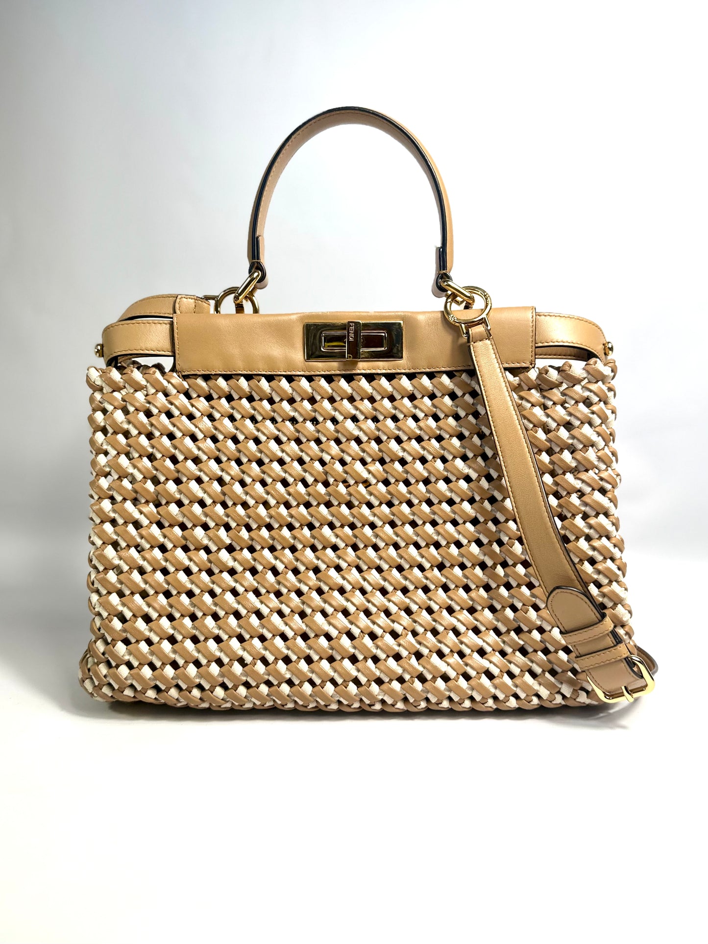 Fendi Medium Woven Brown And Nude Peekaboo Bag 2020 Collection With Gold Hardware
