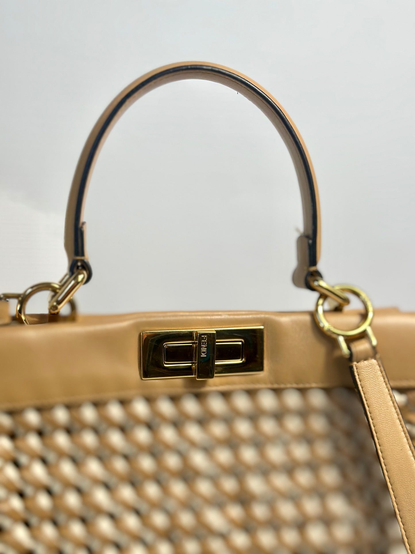 Fendi Medium Woven Brown And Nude Peekaboo Bag 2020 Collection With Gold Hardware