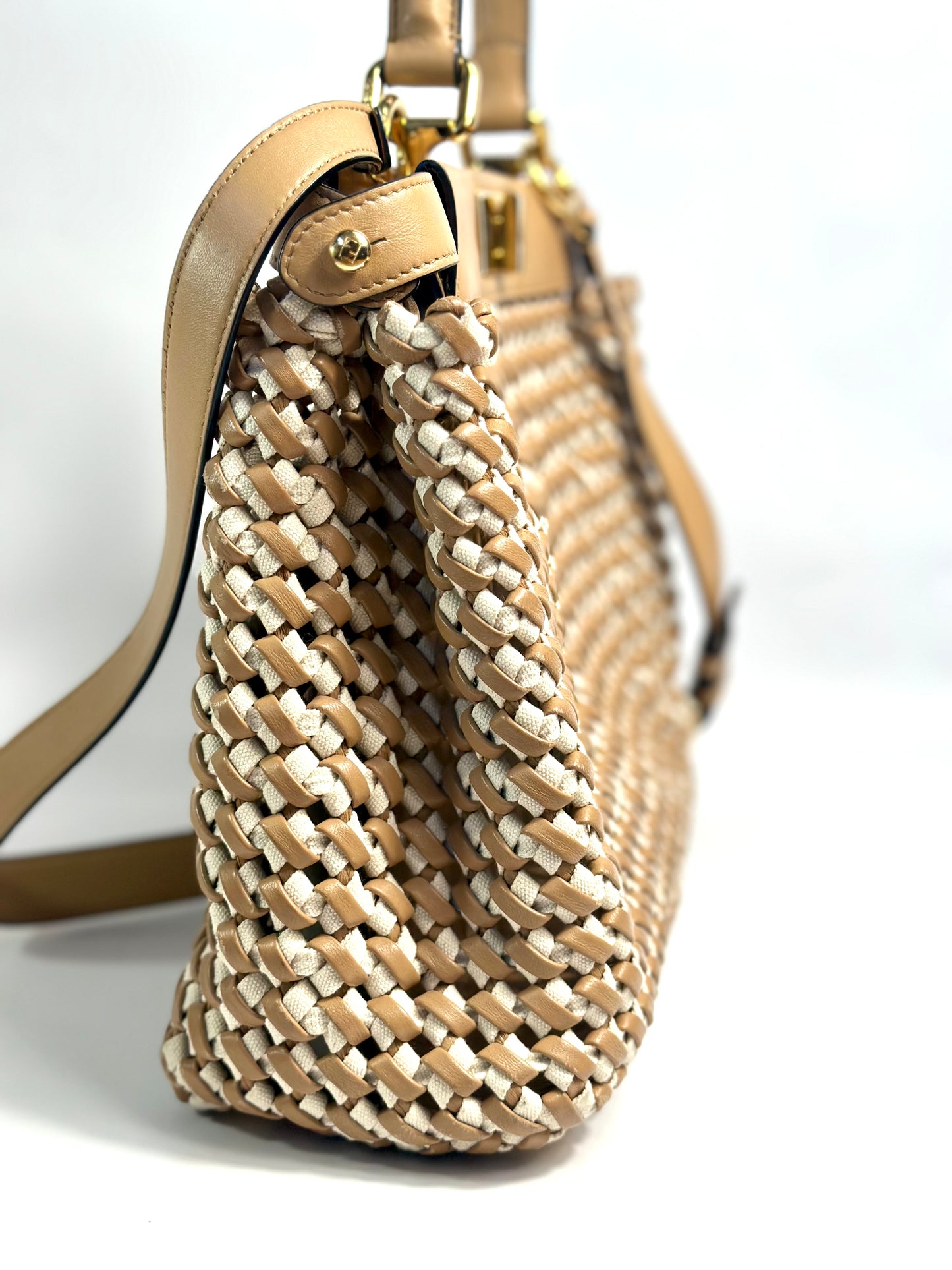Fendi Medium Woven Brown And Nude Peekaboo Bag 2020 Collection With Gold Hardware