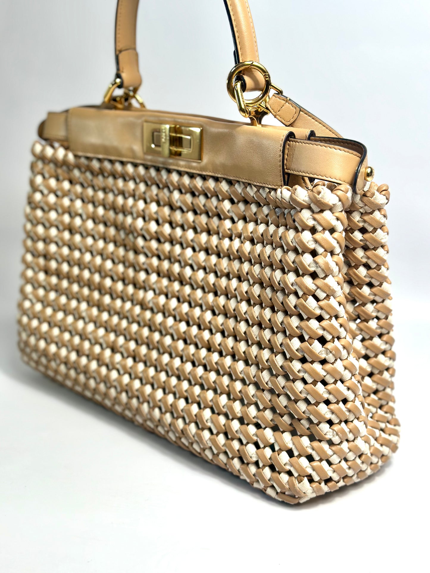 Fendi Medium Woven Brown And Nude Peekaboo Bag 2020 Collection With Gold Hardware