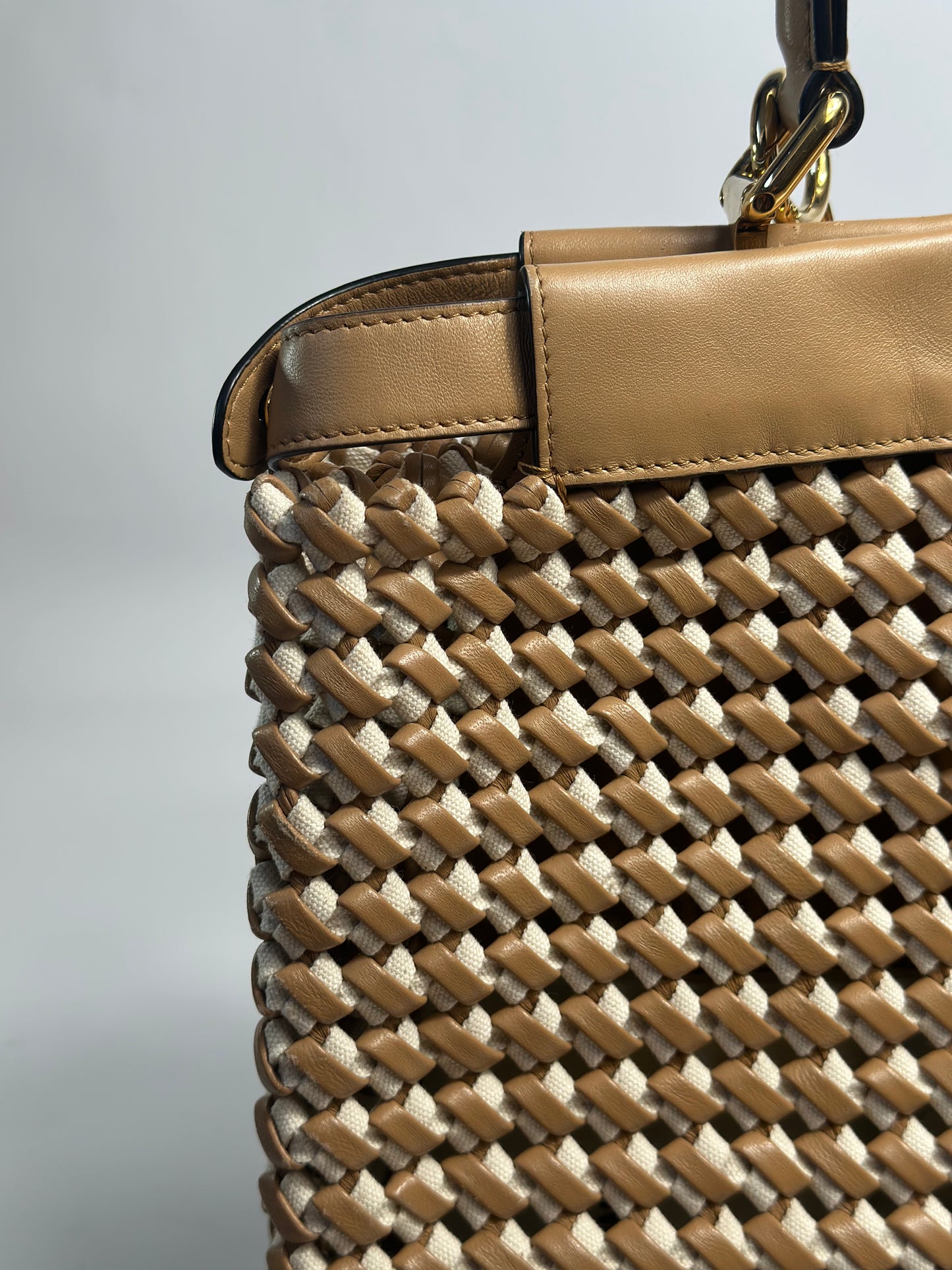 Fendi Medium Woven Brown And Nude Peekaboo Bag 2020 Collection With Gold Hardware