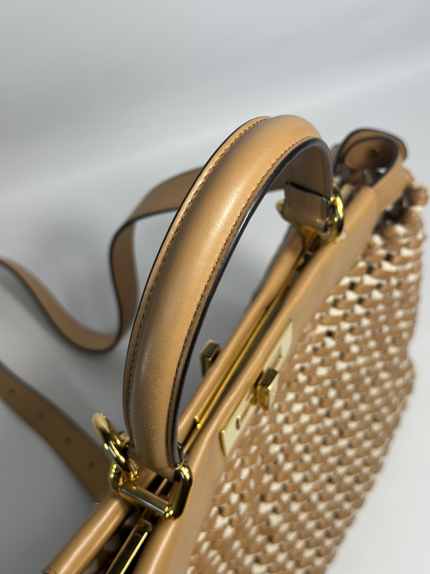 Fendi Medium Woven Brown And Nude Peekaboo Bag 2020 Collection With Gold Hardware