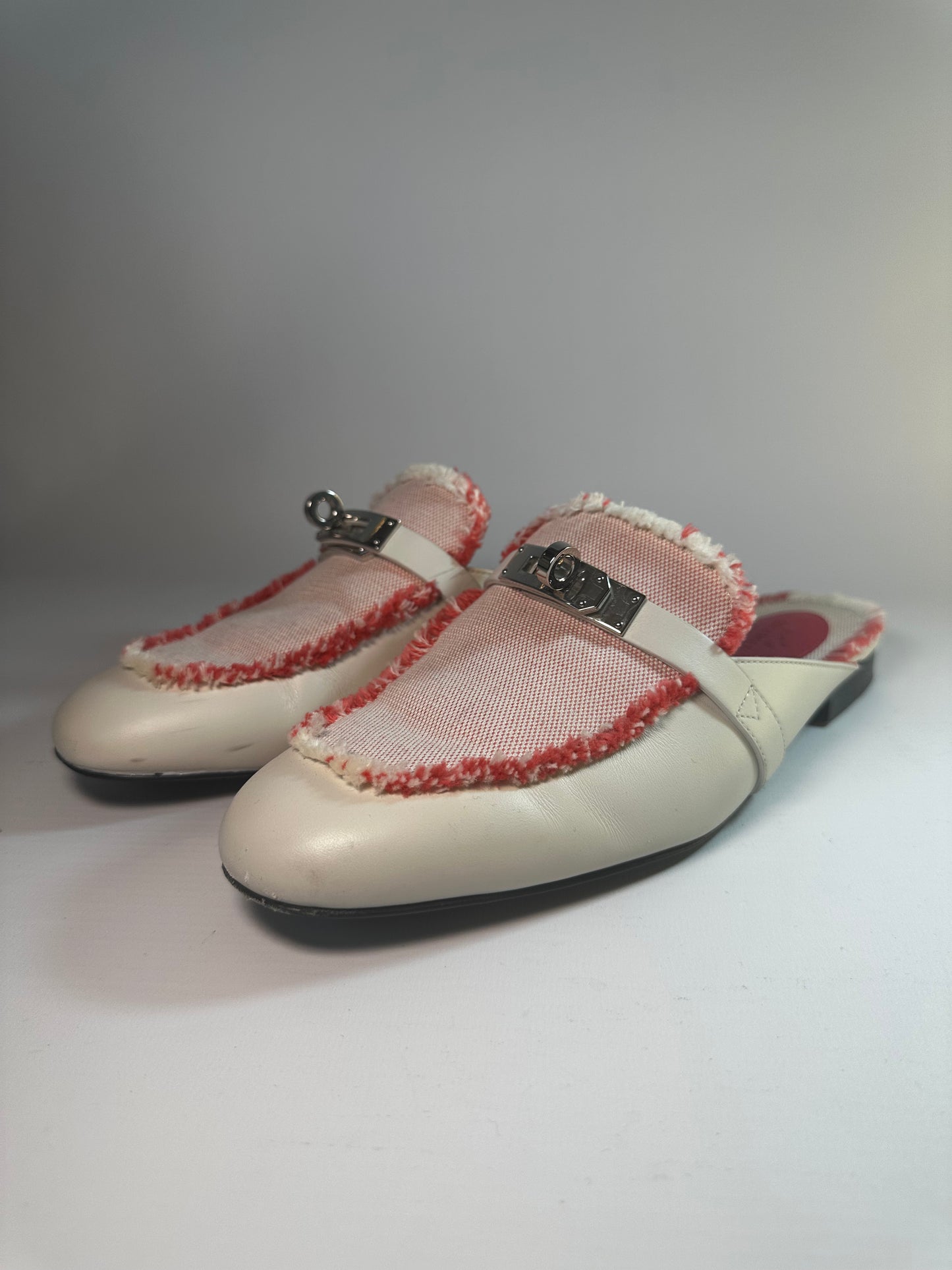 Hermès OZ Mules in Calfskin and Fringed H Canvas with Palladium Kelly Buckle Size Europe 36.5 Retail Price - 1,160€
