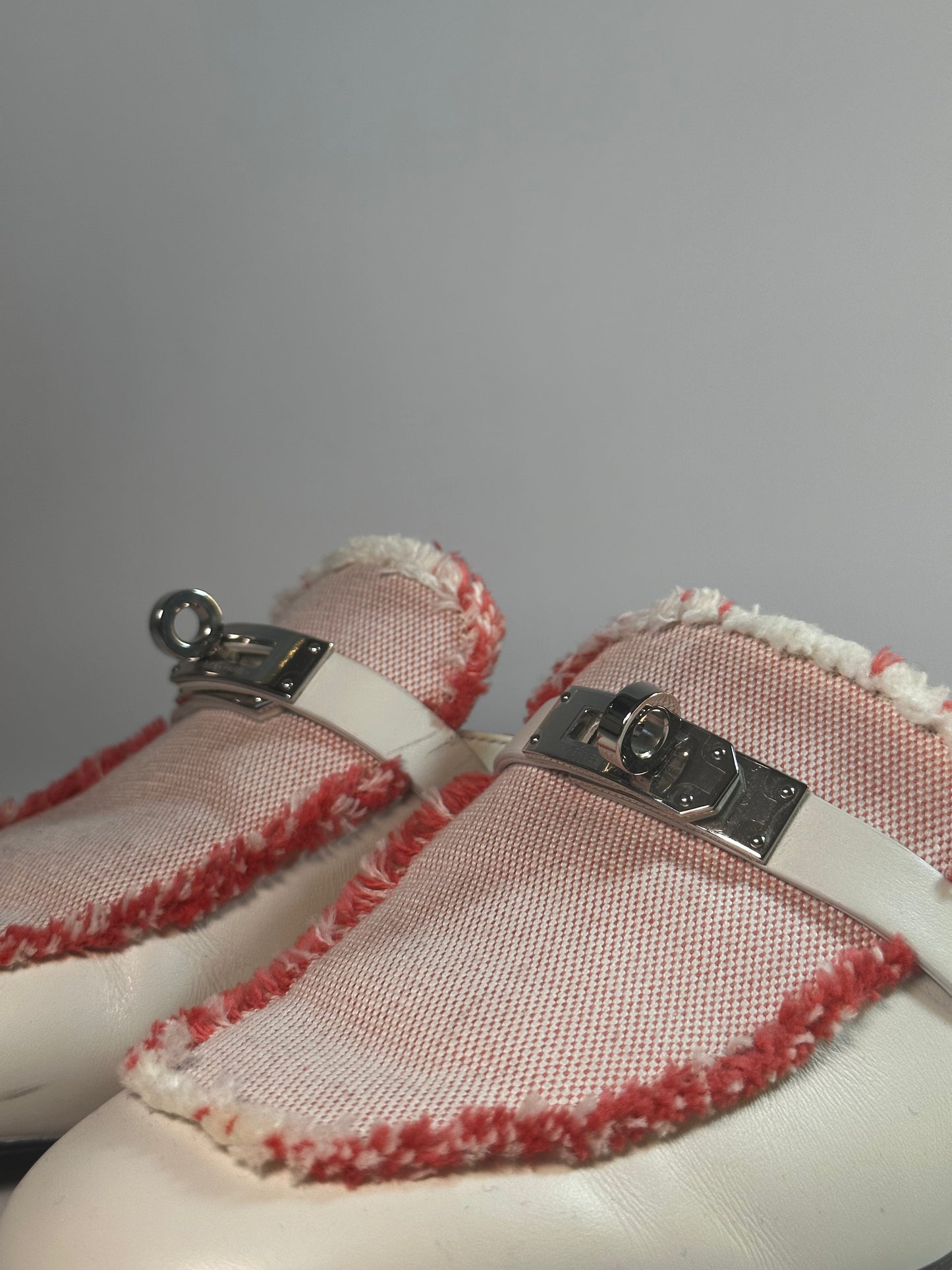 Hermès OZ Mules in Calfskin and Fringed H Canvas with Palladium Kelly Buckle Size Europe 36.5 Retail Price - 1,160€