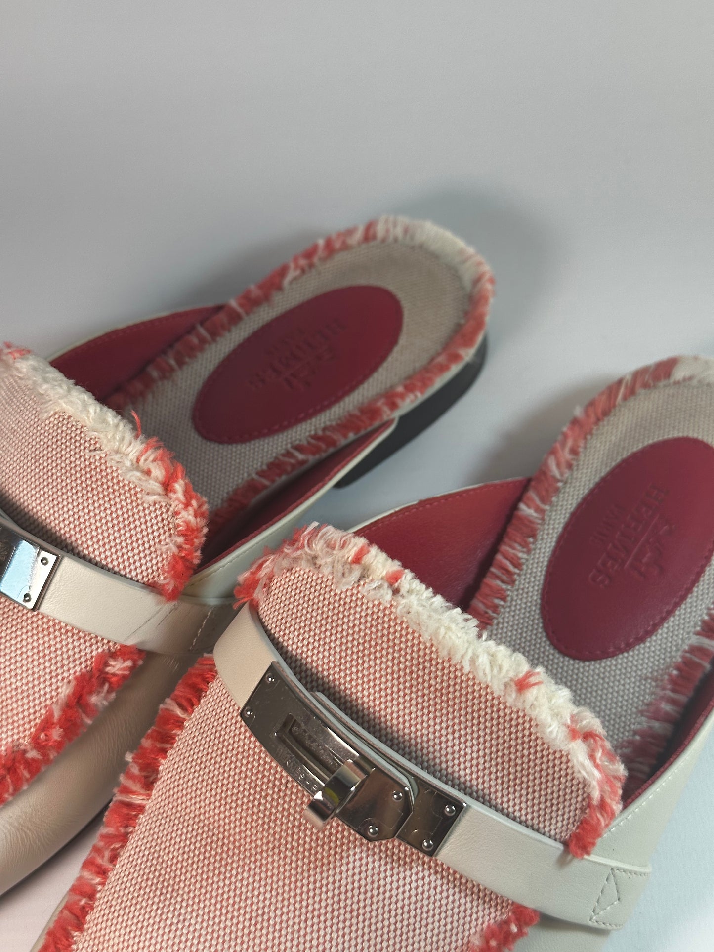 Hermès OZ Mules in Calfskin and Fringed H Canvas with Palladium Kelly Buckle Size Europe 36.5 Retail Price - 1,160€