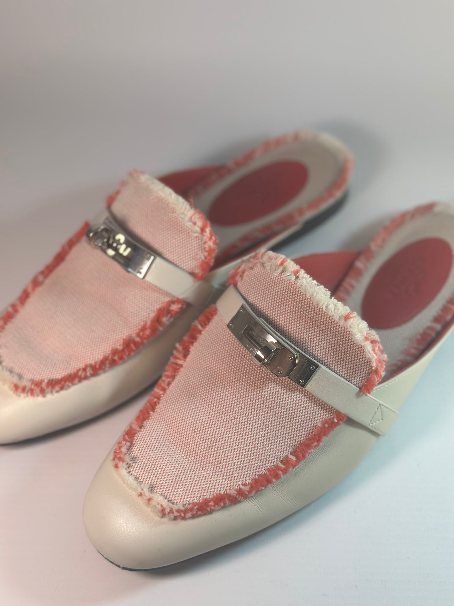 Hermès OZ Mules in Calfskin and Fringed H Canvas with Palladium Kelly Buckle Size Europe 36.5 Retail Price - 1,160€