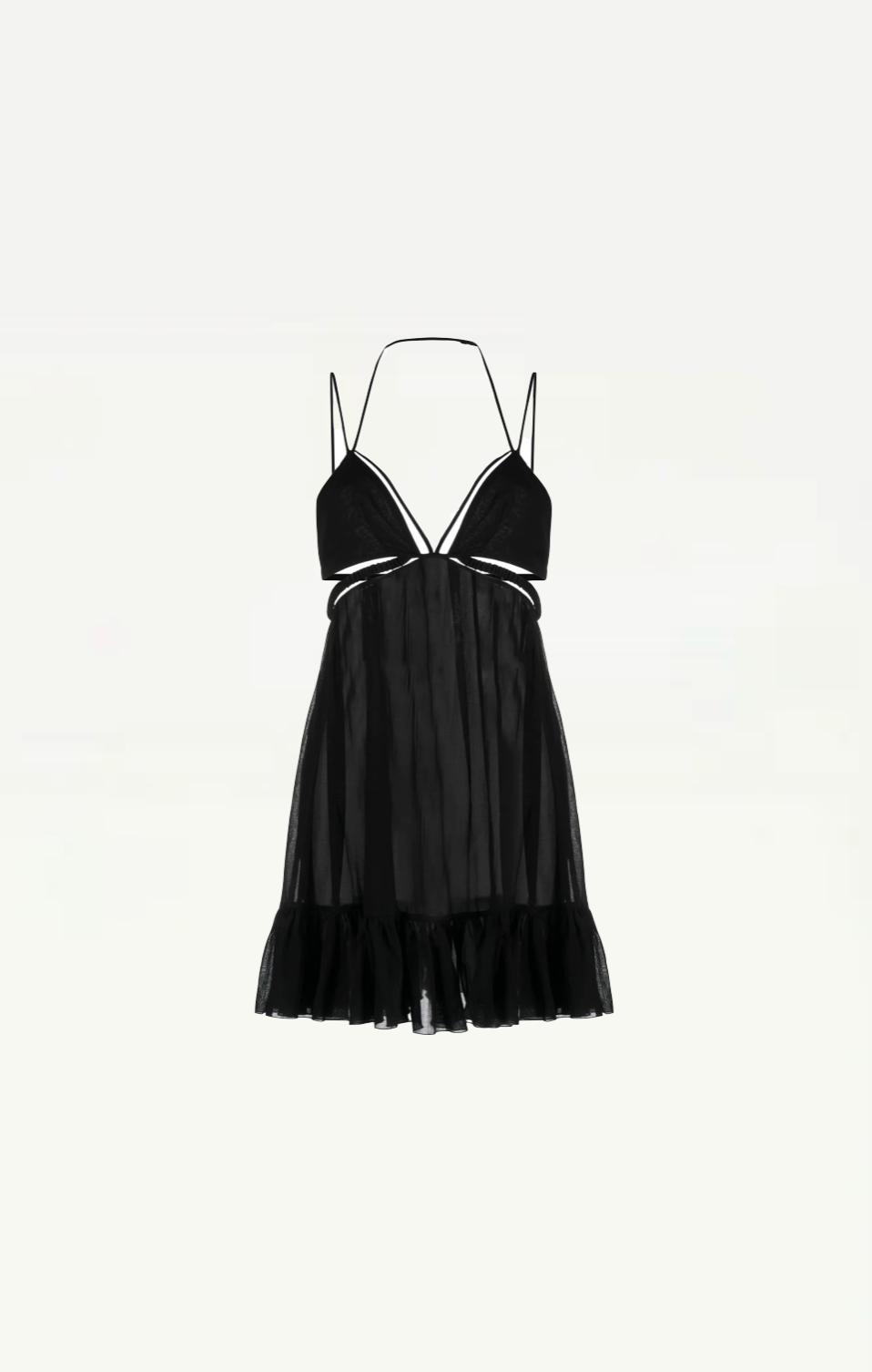 First, a front view of the Nensi Dojaka Black Mini Dress highlights its bold cut-out and strappy design.