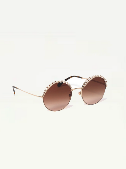 Chanel Round Metal Sunglasses With Pearls In Gold