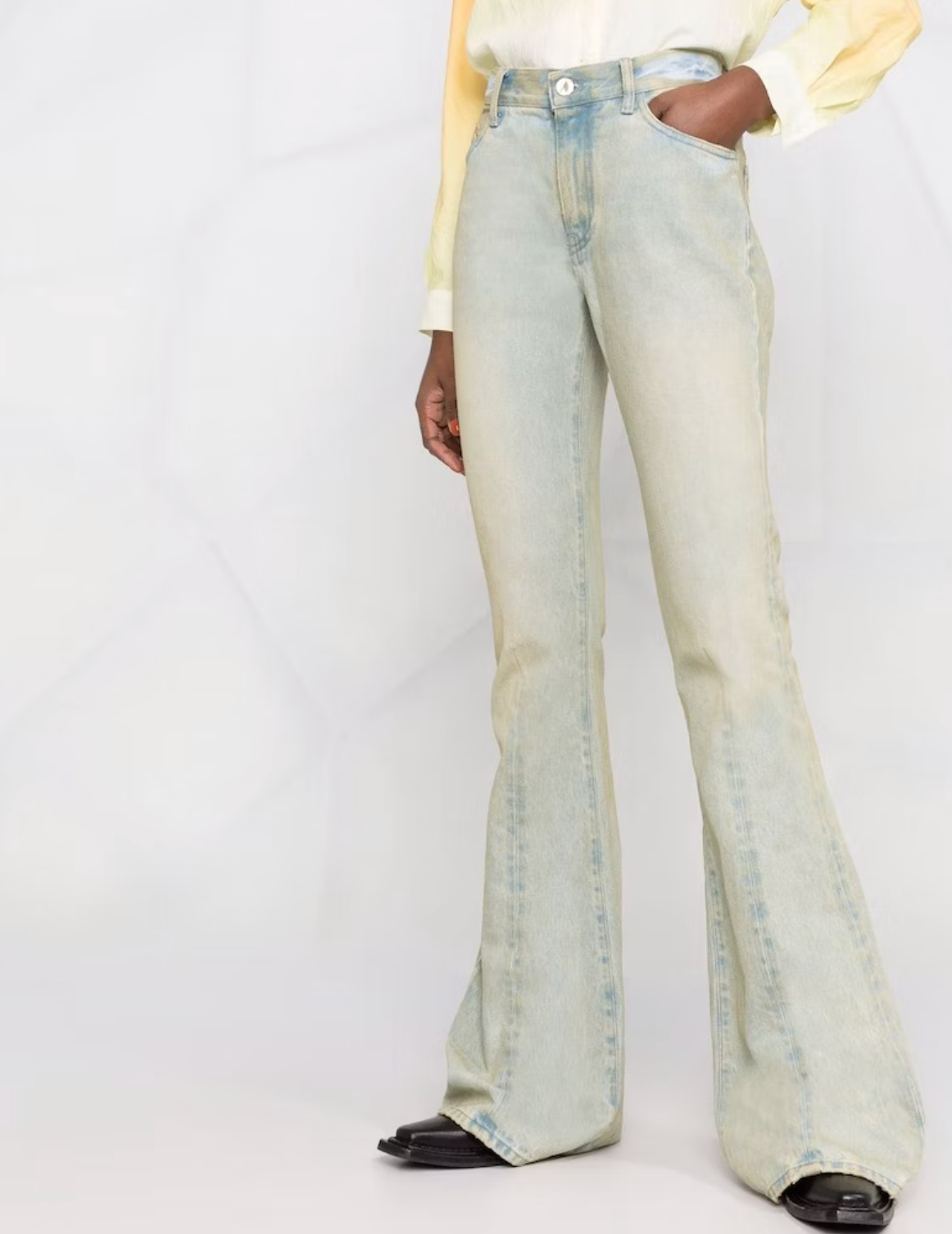 The Attico Sand Green Distressed-Finish Mid Rise Flared Jeans Size FR 36 (26) Retail Price - 659€
