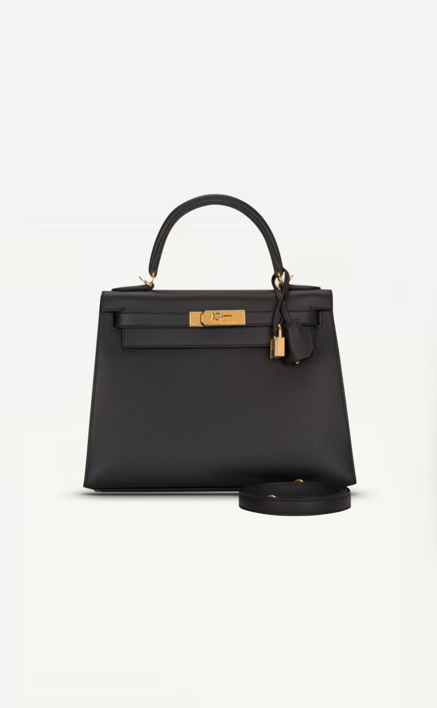 Herm s Black Kelly Sellier 28cm Epsom Leather and Gold Hardware