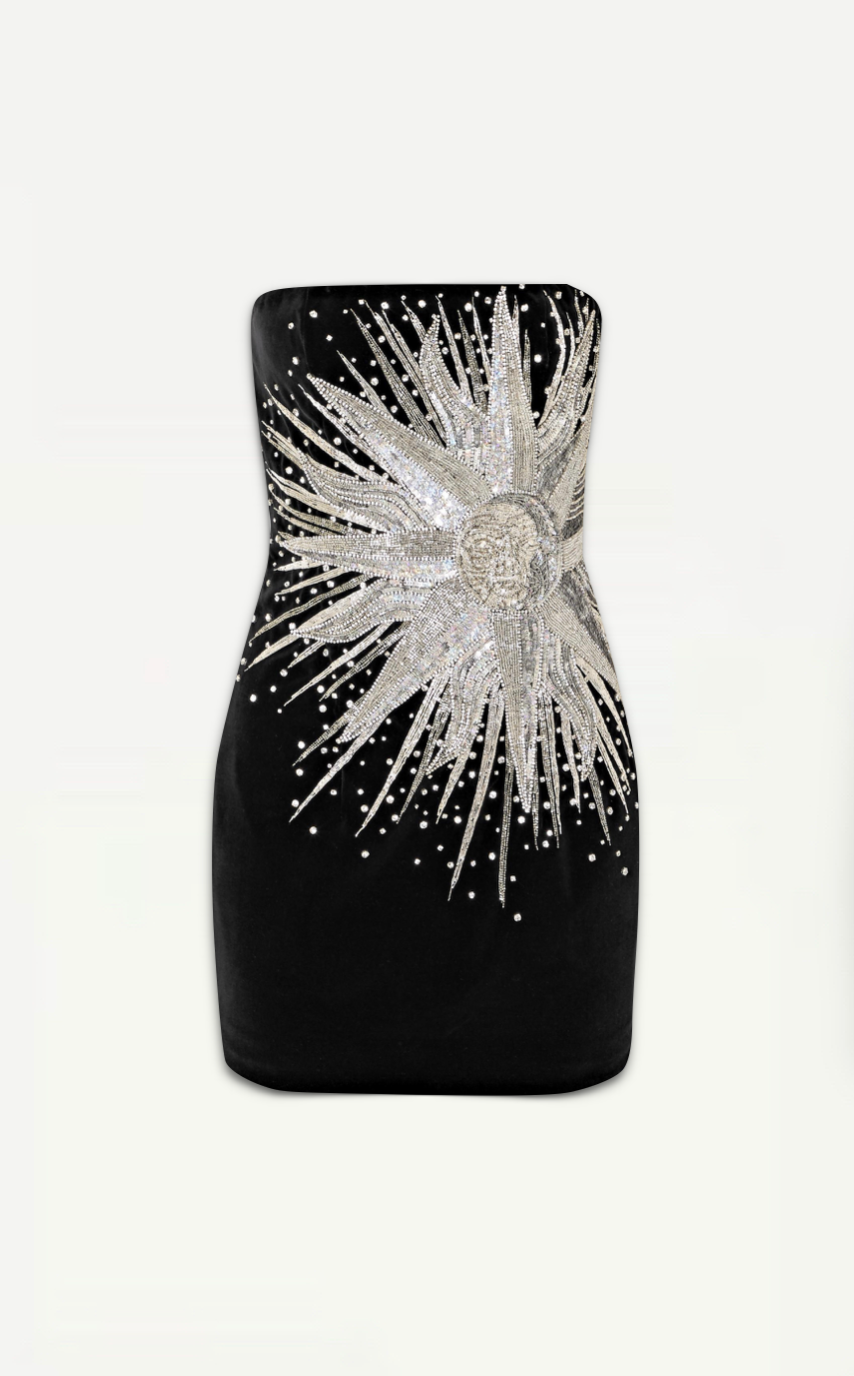 Balmain Strapless Embellished Sequin Sun Face Mini Velvet Dress Size Medium Retail Price 5,200€