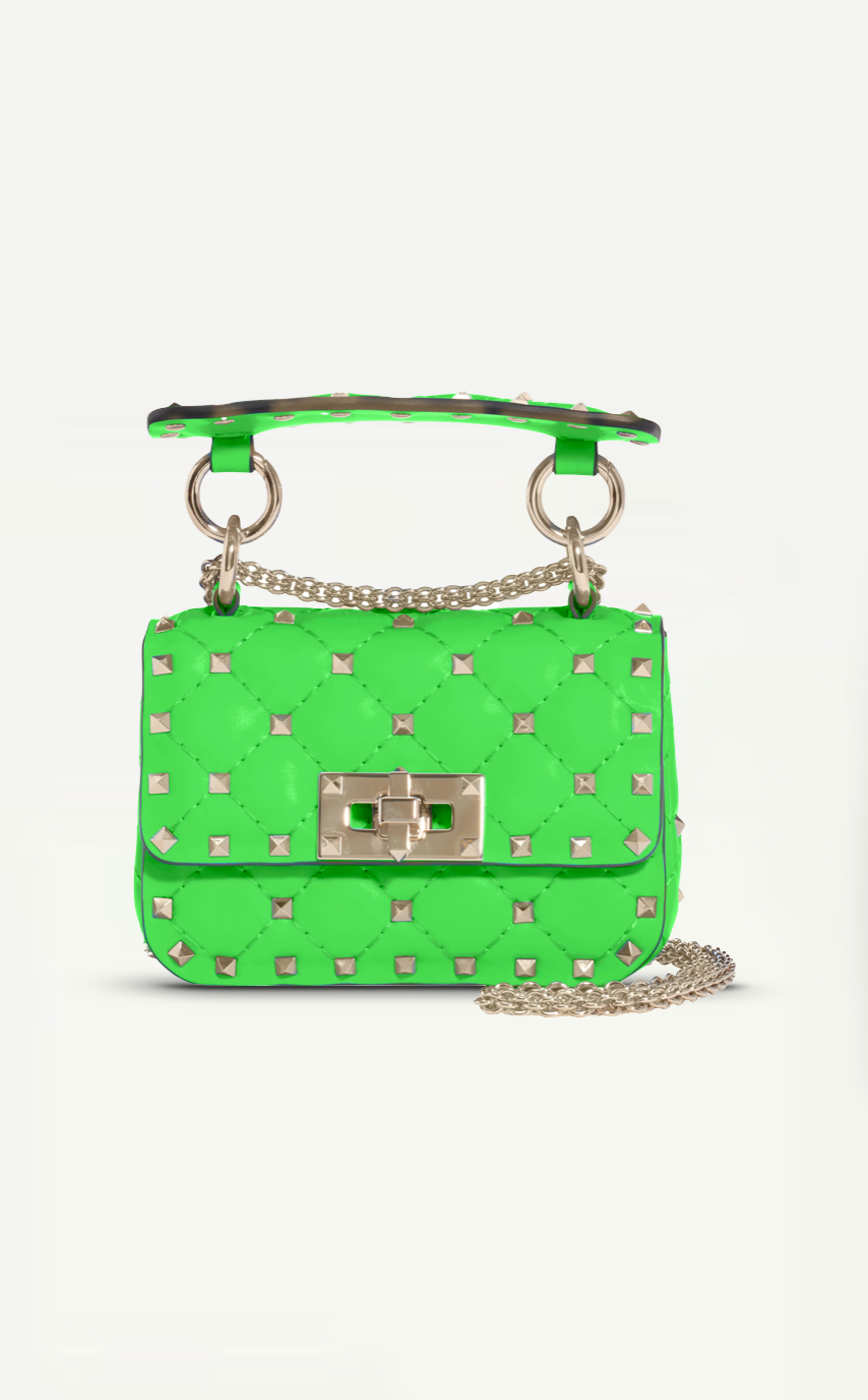 Valentino Garavani Calfskin Mini Rockstud Spike Handbag In Neon Green With Silver Hardware Retail Price - 2,700€