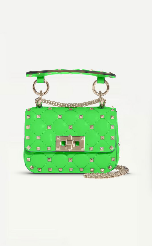 Valentino Garavani Calfskin Mini Rockstud Spike Handbag In Neon Green With Silver Hardware Retail Price - 2,700€