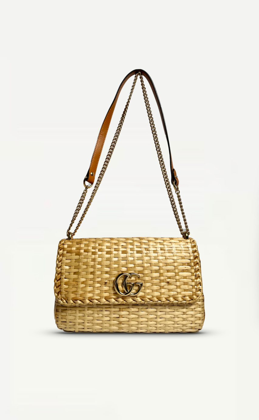 Gucci Natural Glazed Woven-Wicker Cestino Bag With Gold Hardware
