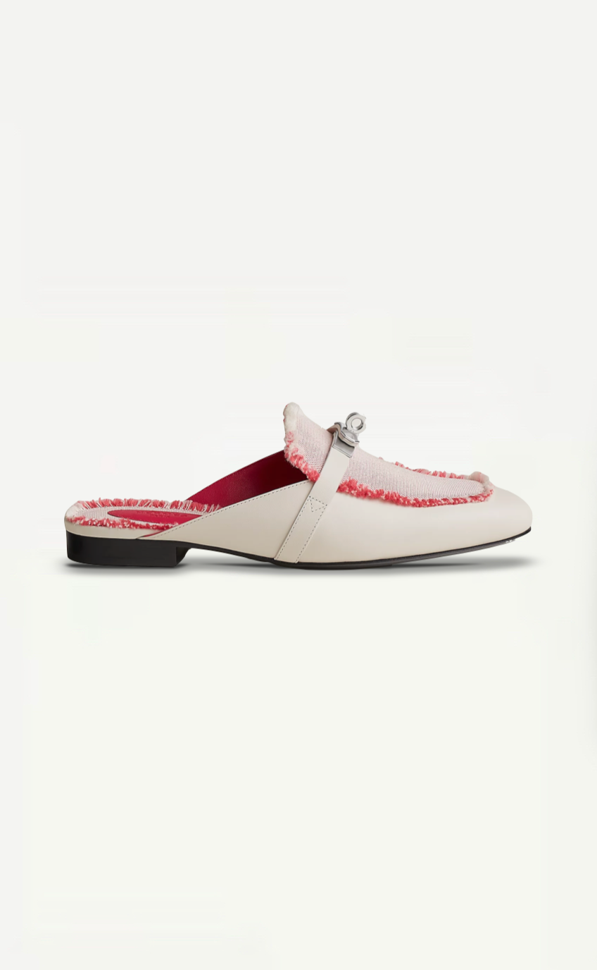 Hermès OZ Mules in Calfskin and Fringed H Canvas with Palladium Kelly Buckle Size Europe 36.5 Retail Price - 1,160€