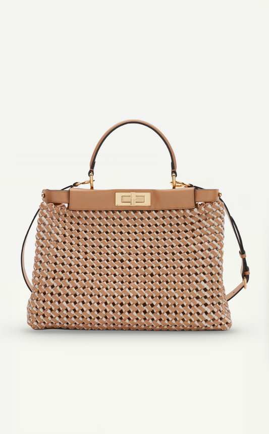 Fendi Medium Woven Brown And Nude Peekaboo Bag 2020 Collection With Gold Hardware