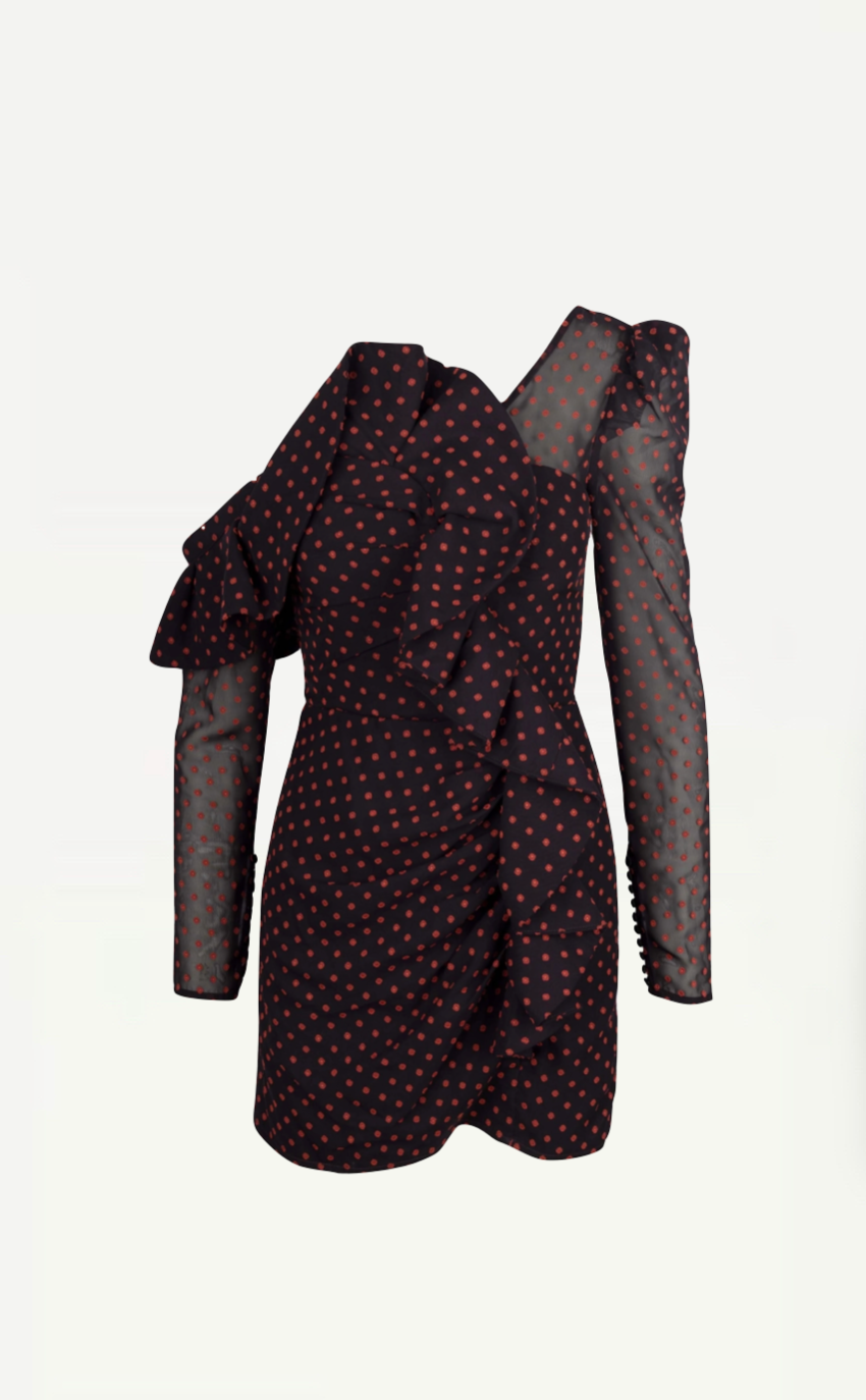 Self Portrait One-Shoulder Ruffled Chiffon Polkadot Mini Dress Size UK 6 Small - Retail Price 390€
