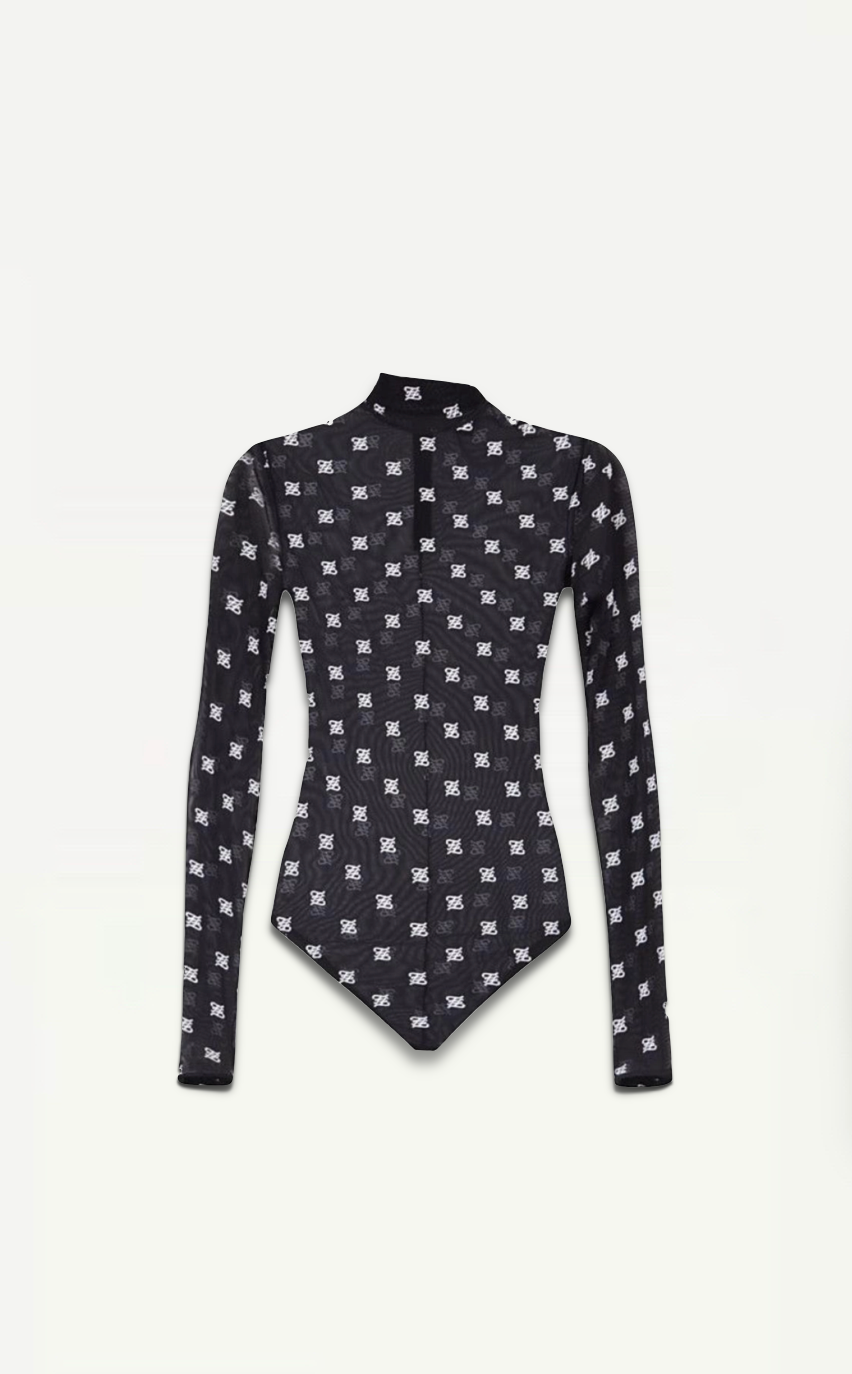 Fendi Black Sheer Mesh Bodysuit With FF Logo Size M