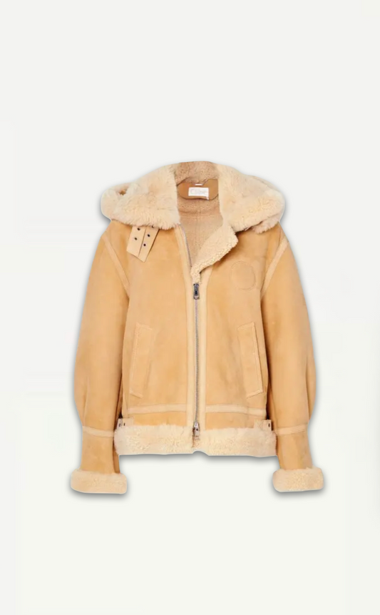 Chloé Aviator Hooded Suede-Trimmed Shearling Jacket With Logo Size Medium Retail Price 5,650€