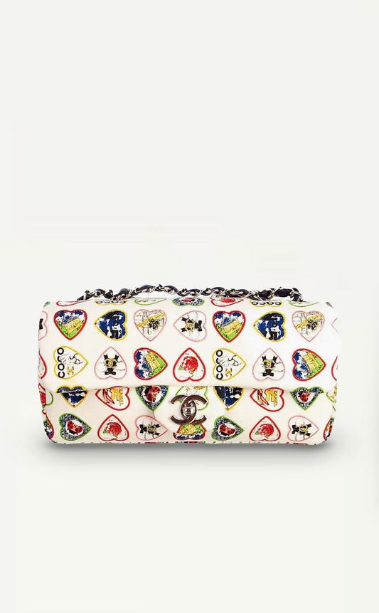 Chanel Spring 2006 Single Flap Canvas Valentine Heart Bag With Silver Hardware