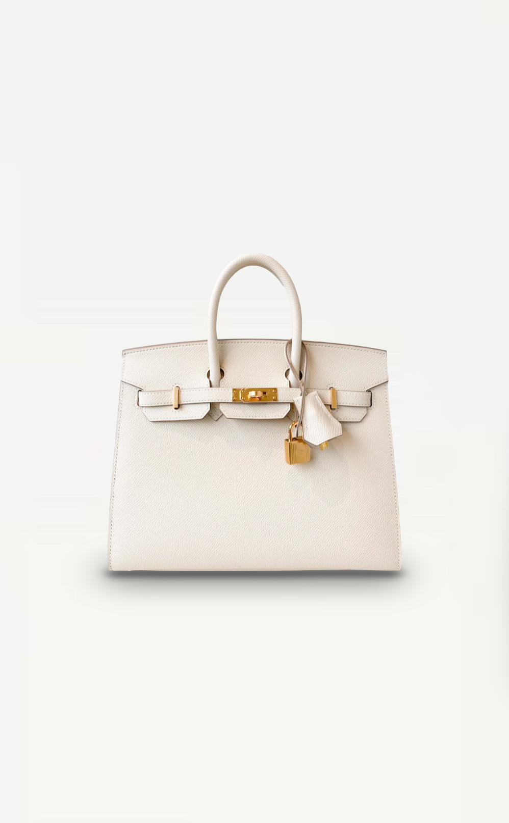 Front view of Hermès Craie Birkin 25cm with gold hardware