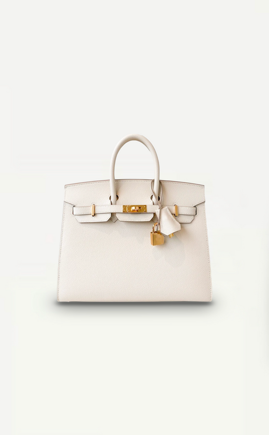 Front view of Hermès Craie Birkin 25cm with gold hardware